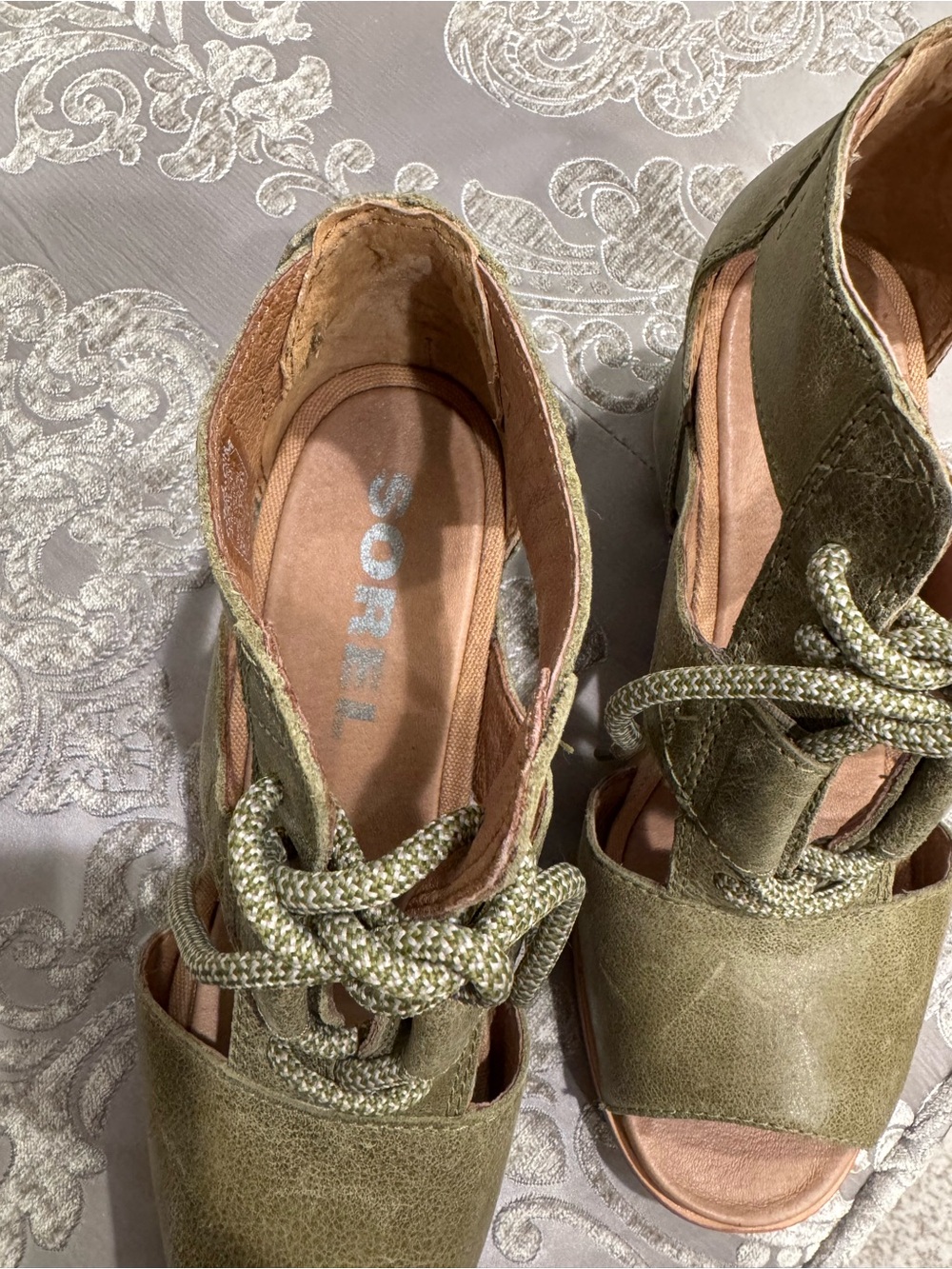 SOREL Olive Green Women's Lace-Up Peep Toe Wedge Sandals - Picture 2 of 5